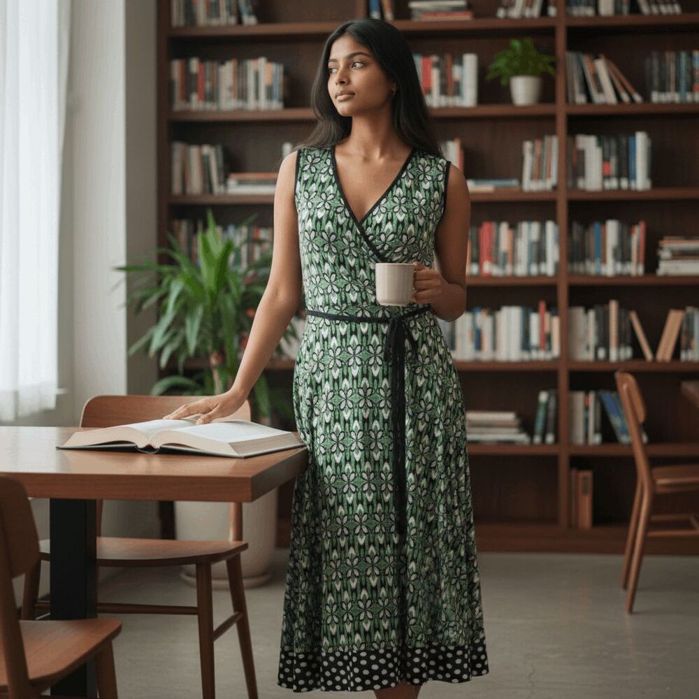 Lily Wrap Midi Dress Green‎ Black White Geo Print Sleeveless Medium